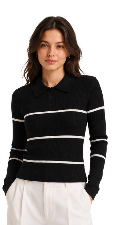 Ribbed Contrast Stripe Polo Sweater