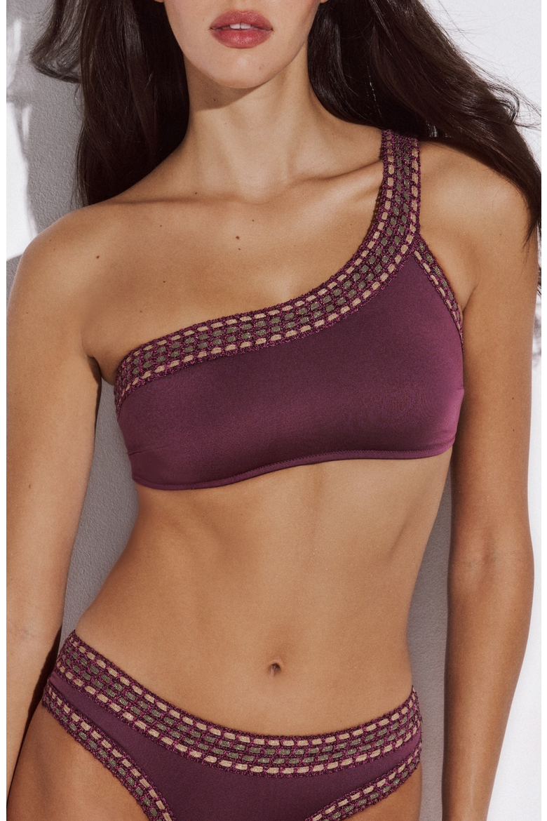 Thalassa One Shoulder Bikini Top with Crocheted Border, Main, color, Rasberry