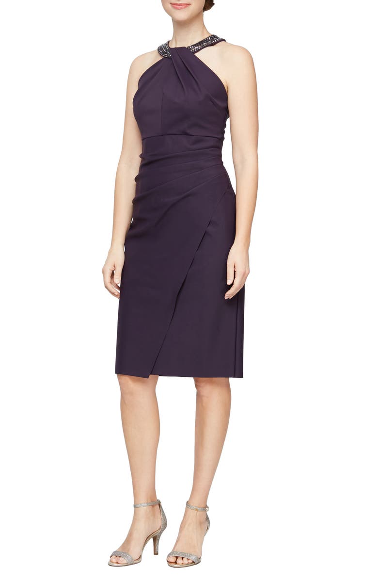 Alex Evenings Contour Collection Halter Embellished Cocktail Dress, Main, color, Aubergine