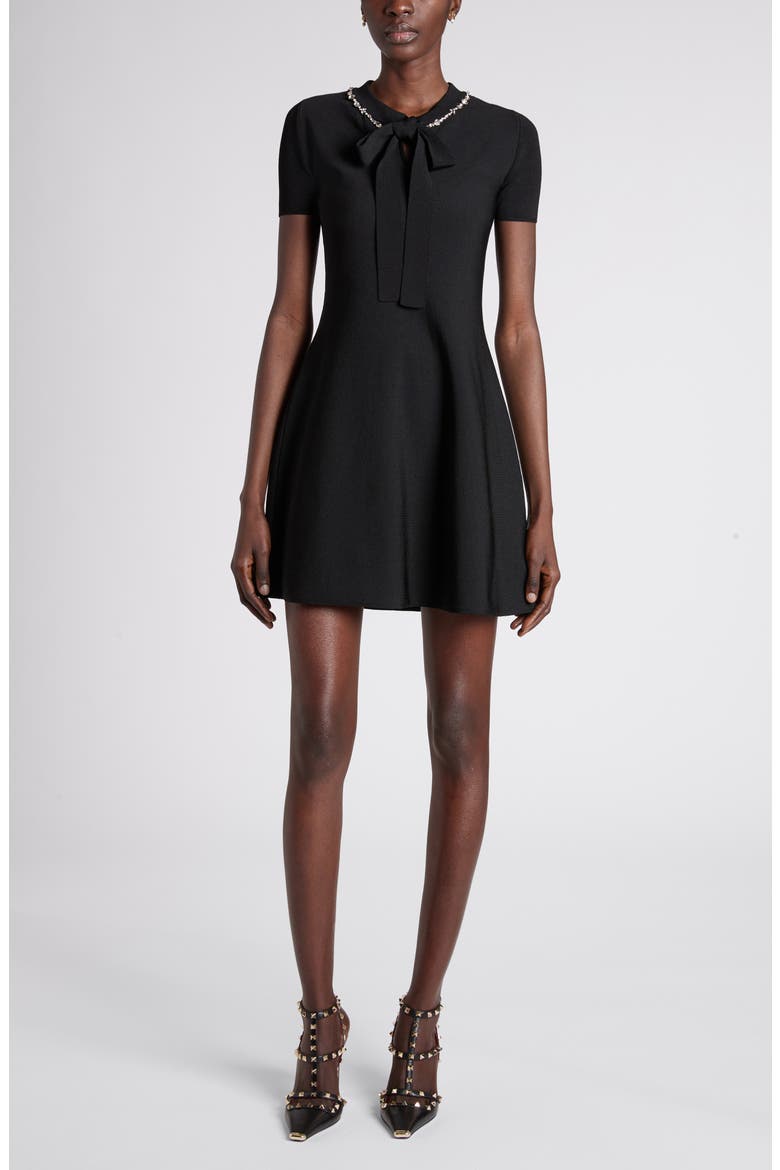 Rhinestone Embellished Fit & Flare Mini Sweater Dress, Main, color, BLACK