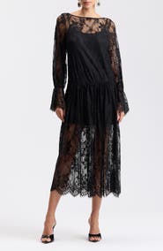 Avec Les Filles Lace Long Sleeve Drop Waist Midi Dress