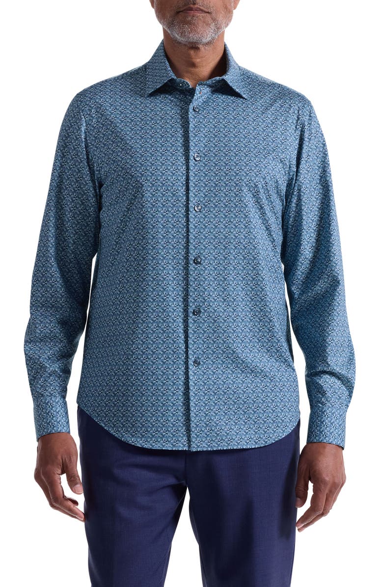 Bugatchi James OoohCotton<sup>®</sup> Optical Illusion Print Button-Up Shirt, Main, color, Teal