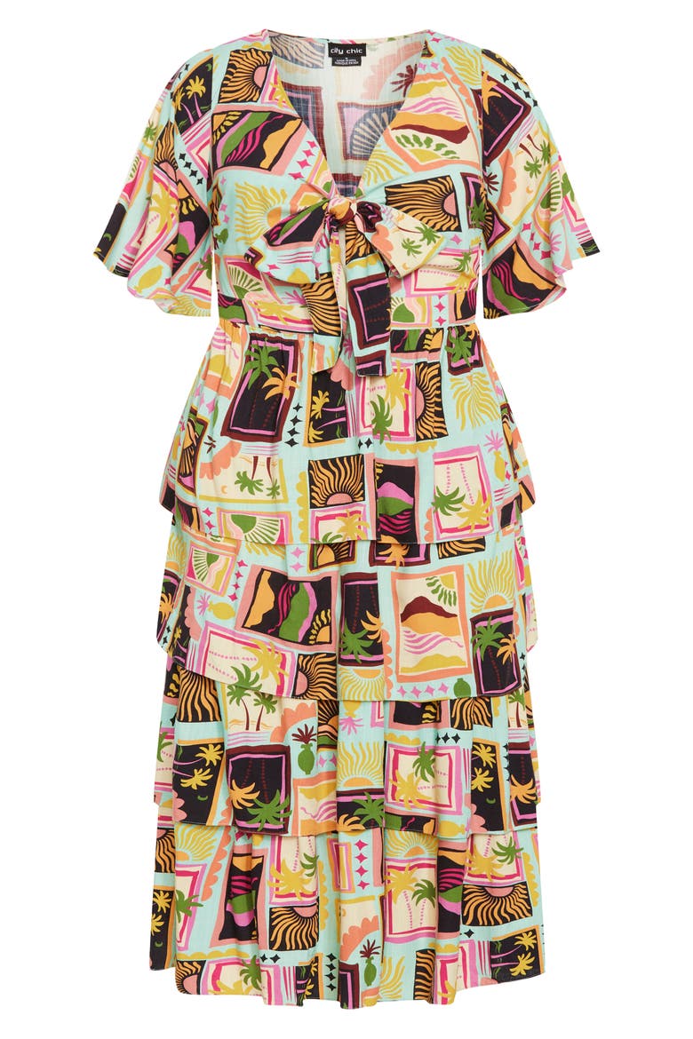 Ana Tie Front Tiered Midi Dress, Alternate, color, POSTCARDS