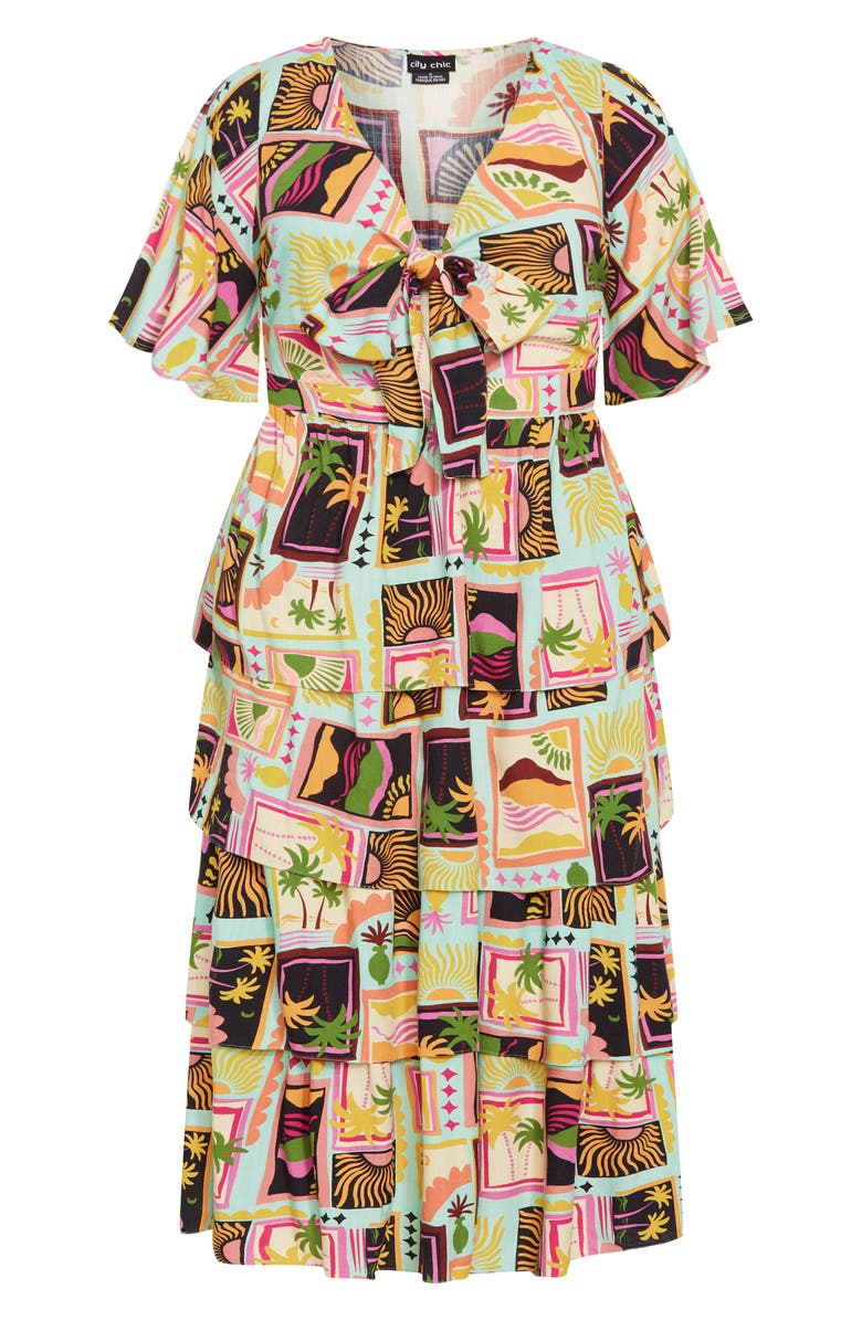 City Chic Ana Tie Front Tiered Midi Dress, Alternate, color, Postcards