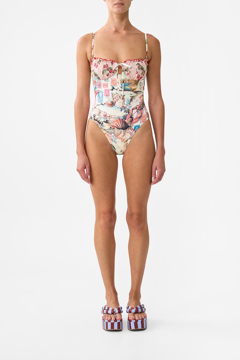 Ruched Cup Underwire One Piece W Tie Front Notes From The Road, Main, color, Notes From The Road