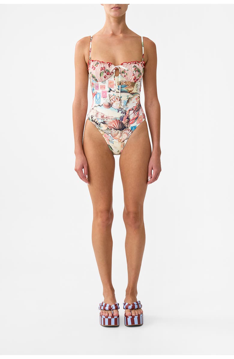 Camilla Ruched Cup Underwire One Piece W Tie Front Notes From The Road, Main, color, Notes From The Road
