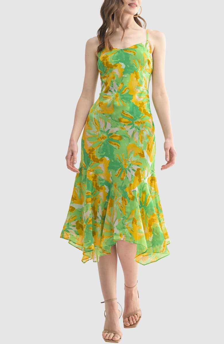 All in Favor Asymmetric Ruffle Hem Midi Dress, Main, color, 