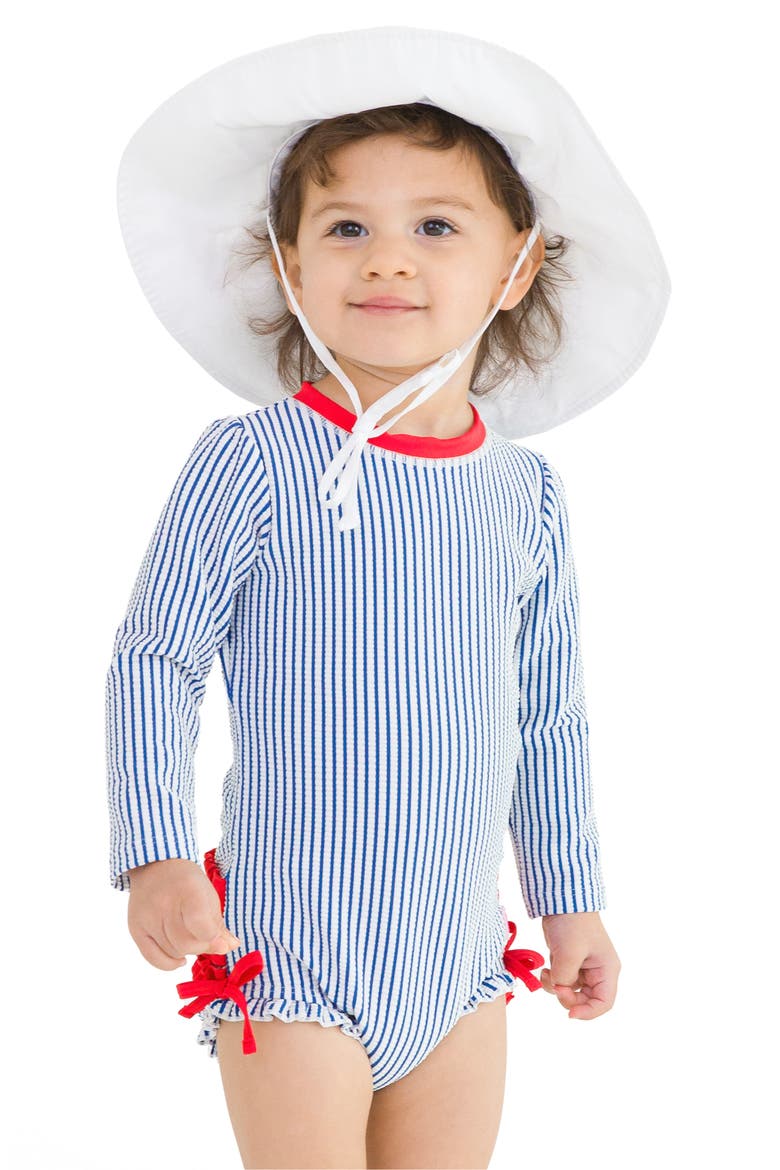 Seersucker Long Sleeve One-Piece Swimsuit, Alternate, color, BLUE SEERSUCKER