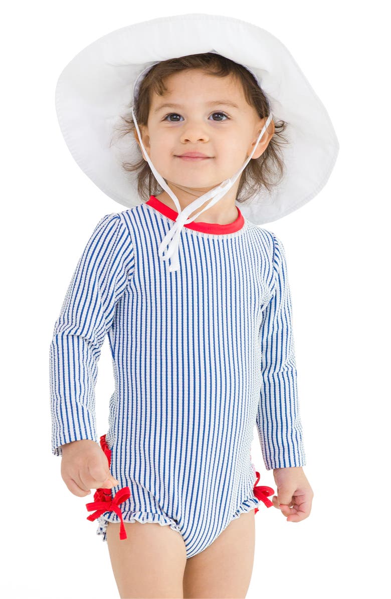 RuffleButts Seersucker Long Sleeve One-Piece Swimsuit, Alternate, color, Blue Seersucker