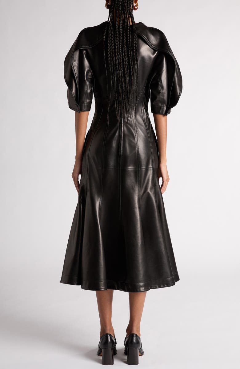 Bottega Veneta Drape Puff Sleeve Napa Leather Dress, Alternate, color, 