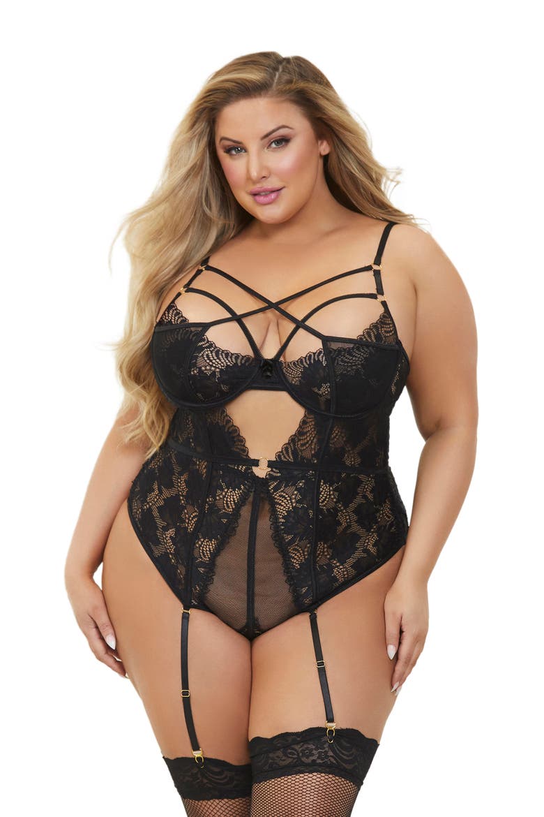 Fishnet Lace Strappy Teddy, Alternate, color, BLACK