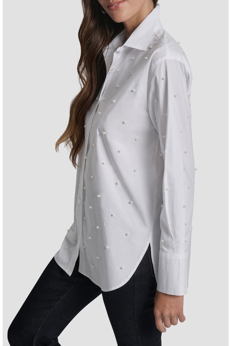 Faux Pearl Embellished Button-Up Shirt, Alternate, color, WHITE