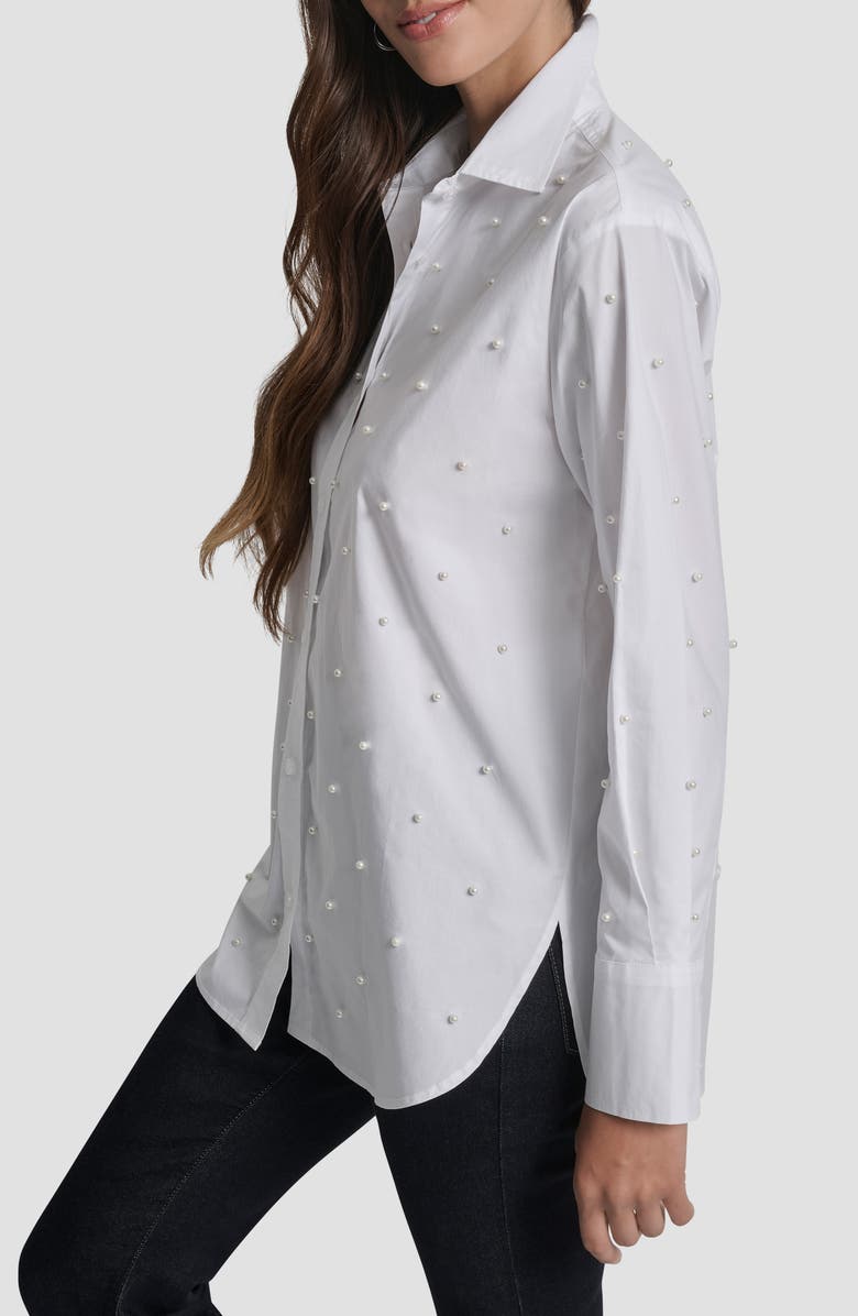DKNY Jeans Faux Pearl Embellished Button-Up Shirt, Alternate, color, White