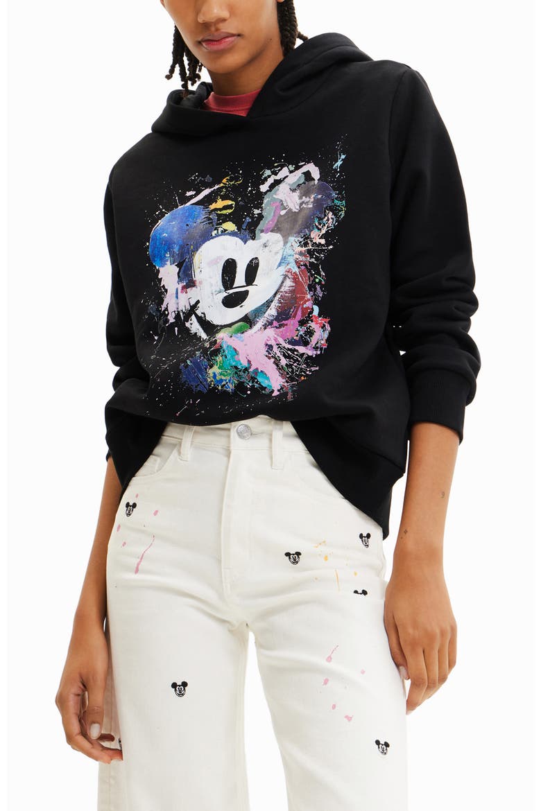Mickey Mouse Splattered Graphic Hoodie, Alternate, color, BLACK