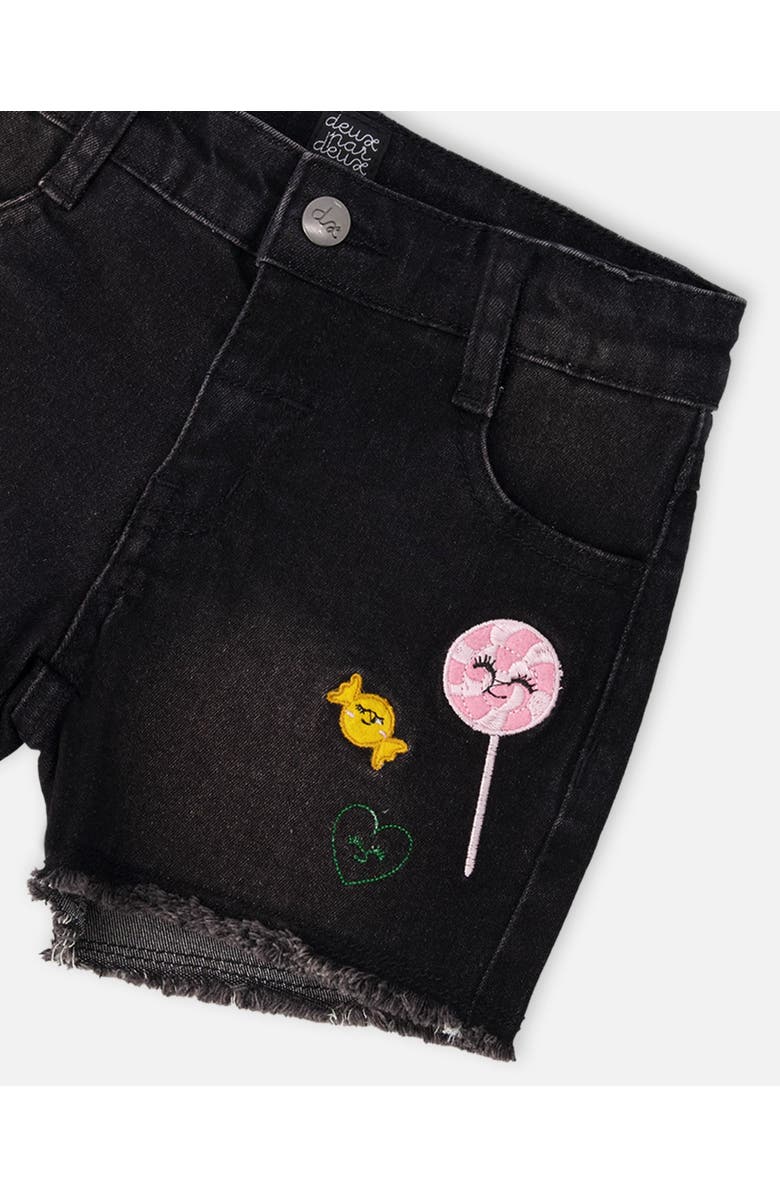 Deux par Deux Candy and Lollipop Embroidery Denim Shorts, Alternate, color, Black Denim