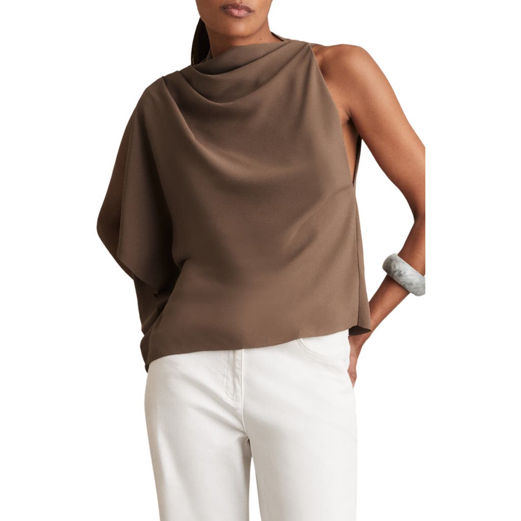 Reiss Mink One-shoulder Draped Top In Brown