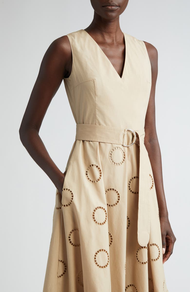 Akris punto Eyelet Embroidered Sleeveless Cotton Tiered Dress, Alternate, color, Beige