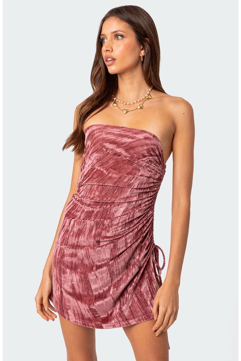 Drawstring Detail Strapless Crushed Velvet Minidress, Alternate, color, PINK