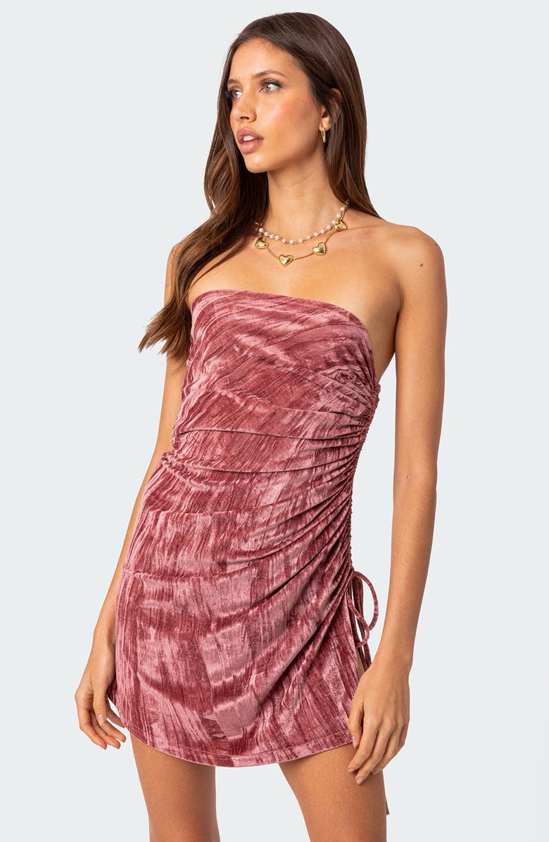 EDIKTED Drawstring Detail Strapless Crushed Velvet Minidress, Alternate, color, Pink
