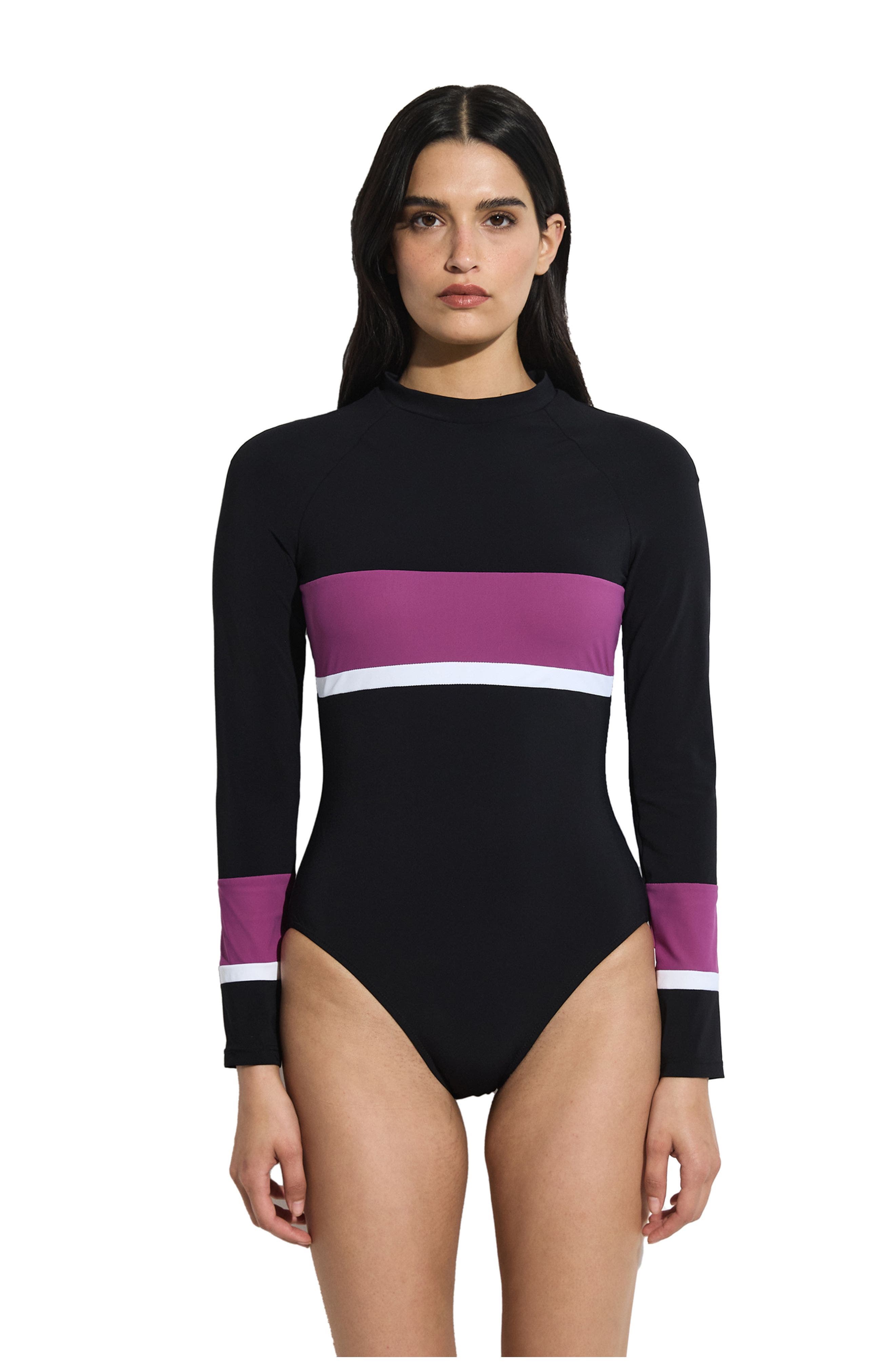 Free Sport by Gottex Aqua Chic Long Sleeve One Piece in Black-Purple 
