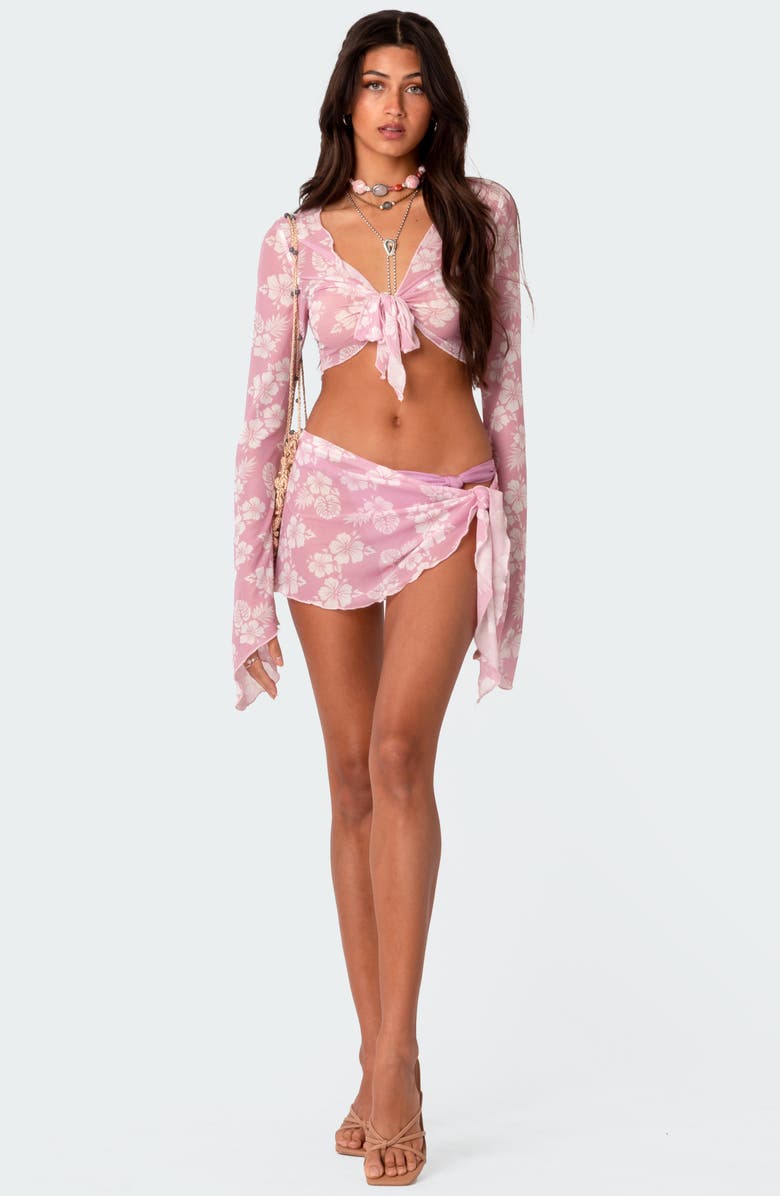 EDIKTED Hibiscus Print Tie Front Mesh Cover-Up Crop Top, Alternate, color, 