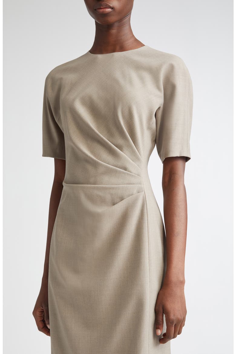 Short Sleeve Pleated Waist Responsible Stretch Wool Dress, Alternate, color, HICKORY MELANGE