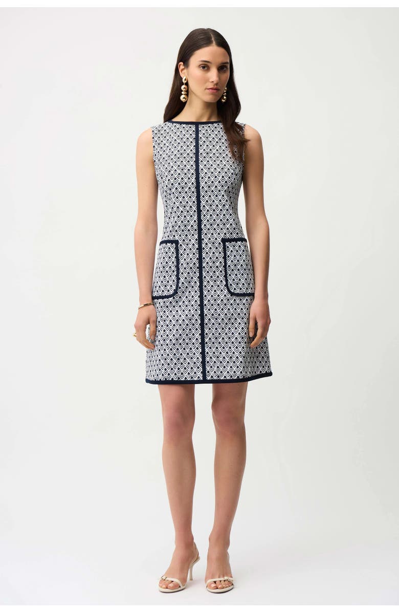 JOSEPH RIBKOFF Millennium Geometric Print A-Line Dress With Contrast Trim, Main, color, Vanilla/Midnight Blue