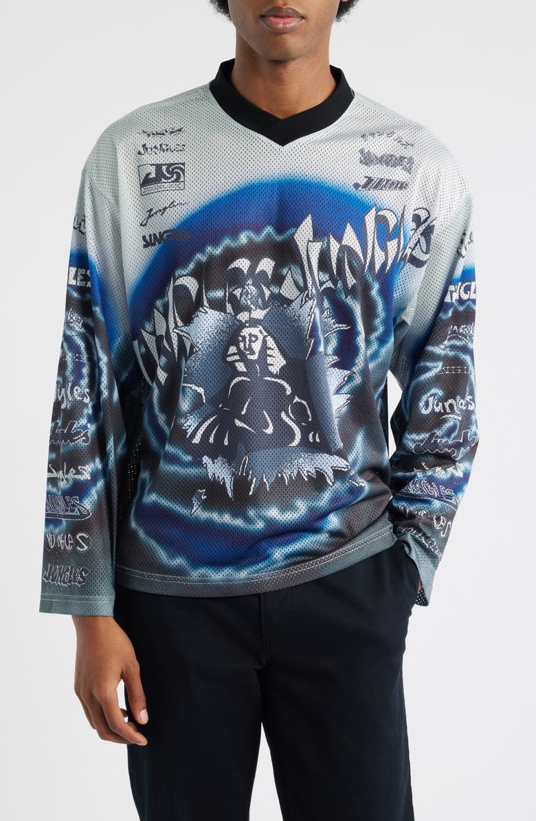 JUNGLES Boxy Moto Mesh Jersey Top, Main, color, White/Black/Blue