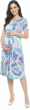 24seven Comfort Apparel Maternity Abstract V-Neck Short Sleeve A-Line Midi Dress