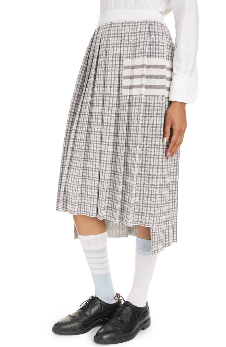 Thom Browne 4-Bar Small Check Drop Back Silk & Cotton Pleated Skirt, Alternate, color, 