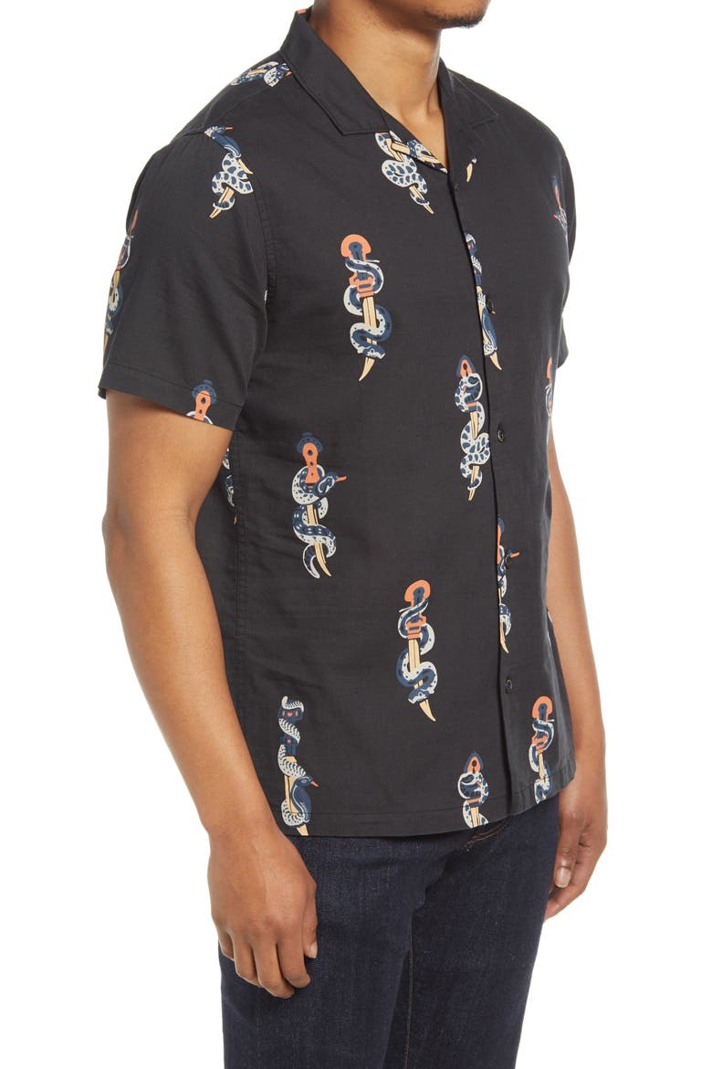 Snake & Dagger Cotton & Linen Button-Up Camp Shirt, Alternate, color, BLACK
