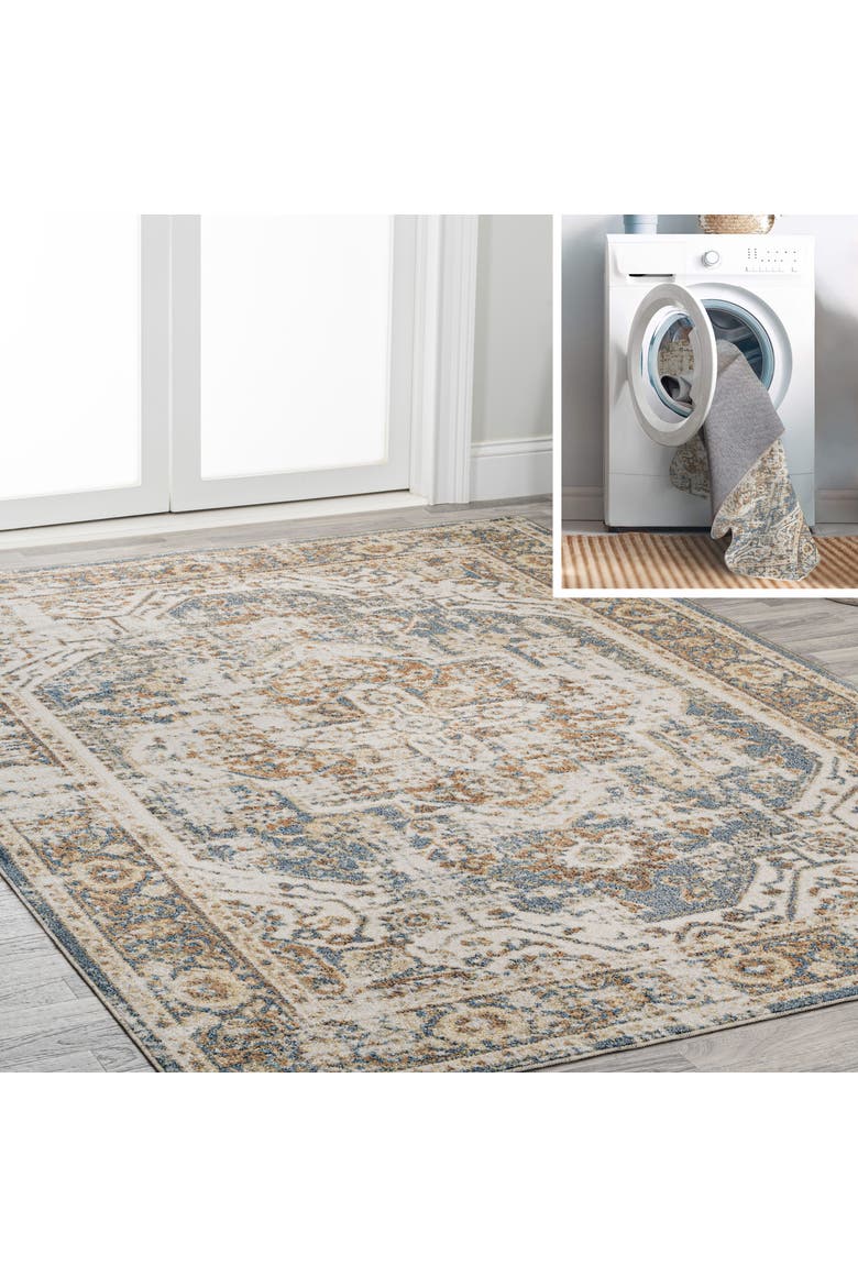Keesha Bold Distressed Medallion Low-Pile Machine-Washable Area Rug, Main, color, Blue/Cream