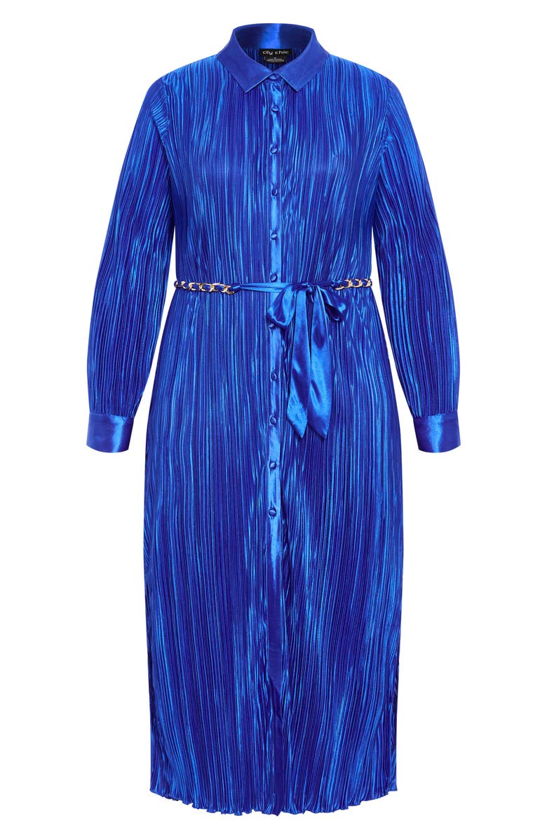 City Chic Amirah Belted Plissé Maxi Shirtdress, Alternate, color, Blue