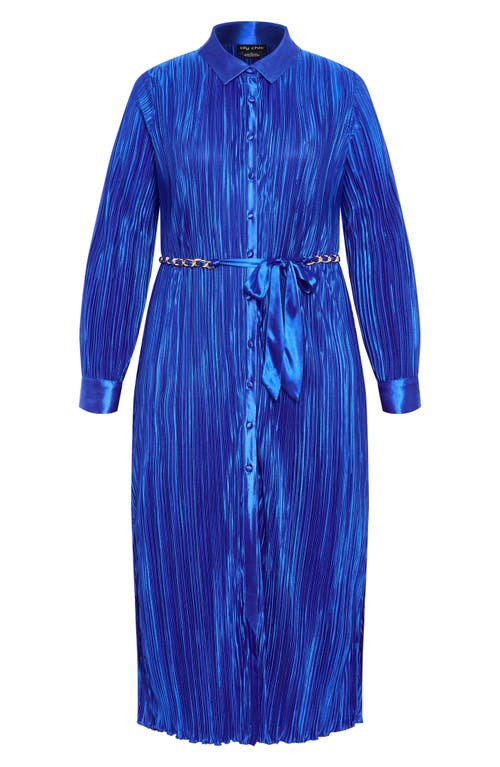City Chic Amirah Belted Plissé Maxi Shirtdress In Blue