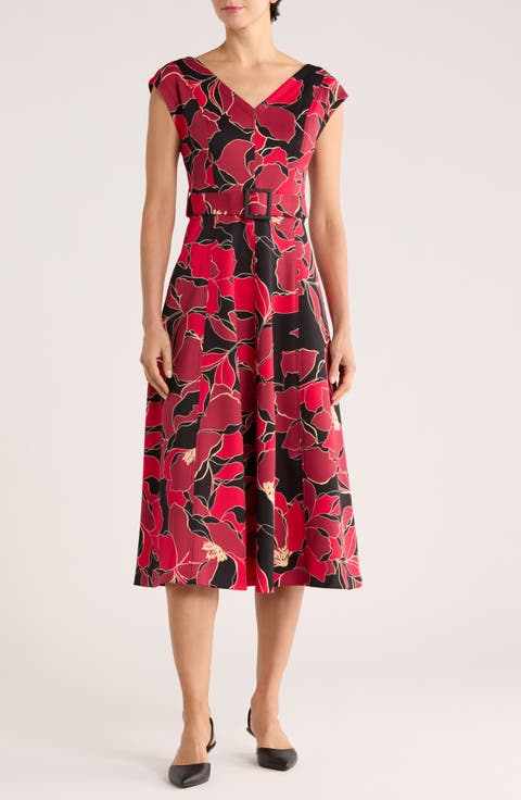 Floral Cap Sleeve Belted Midi Dress