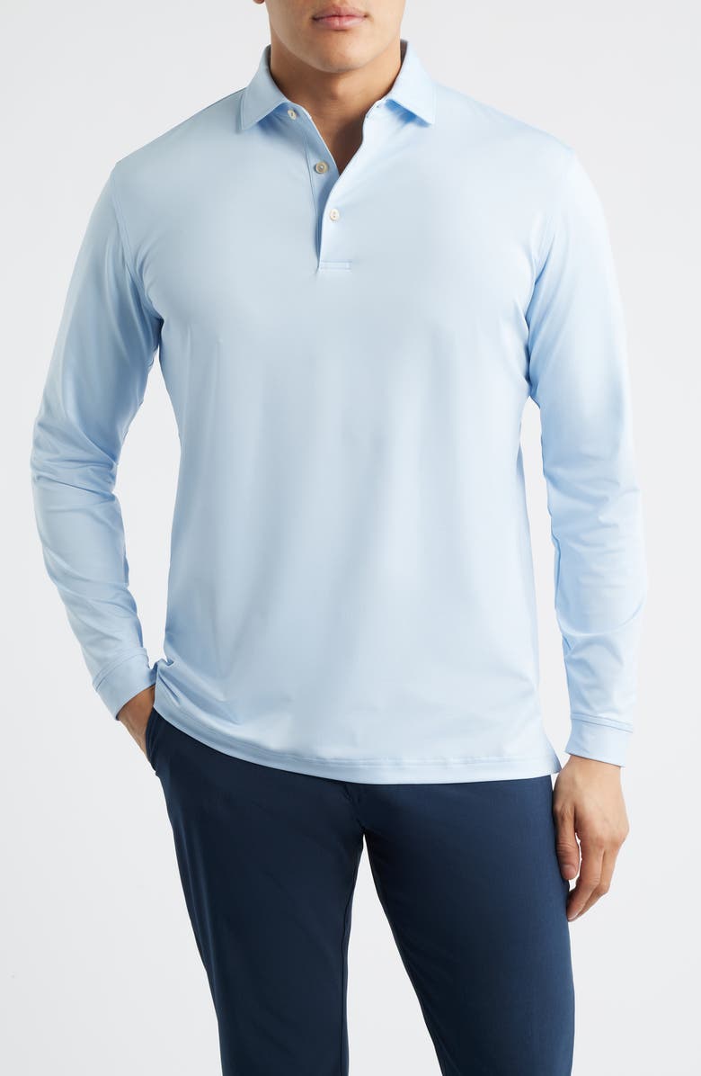 Peter Millar Solid Long Sleeve Performance Jersey Polo, Main, color, Stream Blue