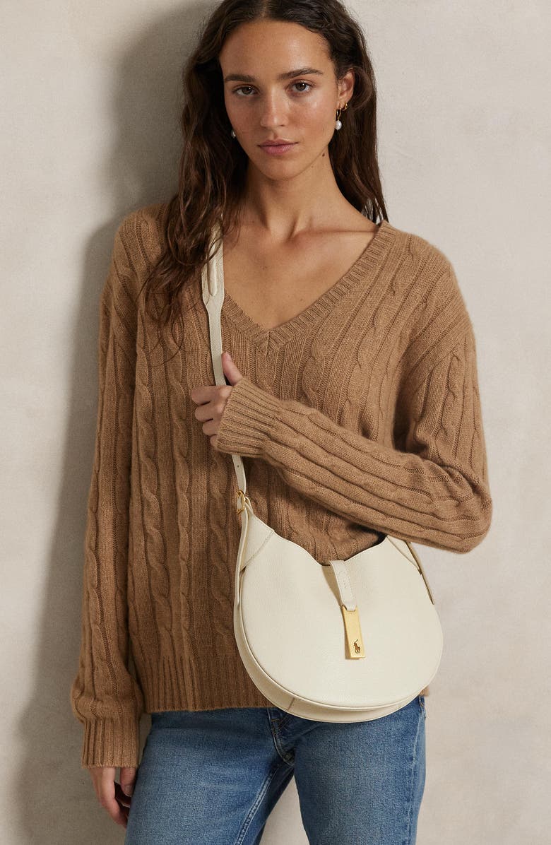 Polo Ralph Lauren Small Polo ID Grain Leather Shoulder Bag, Alternate, color, Ivory