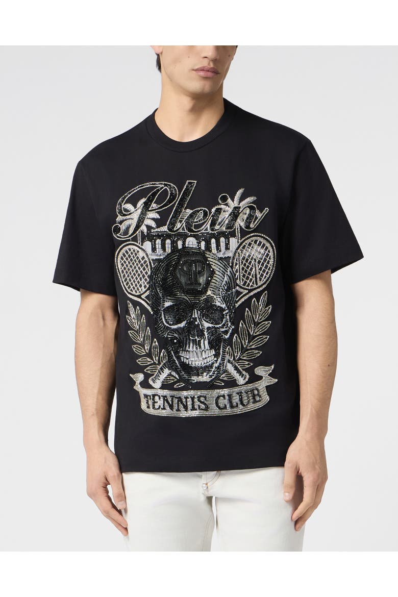 Round Neck T-Shirt Skull Tennis Men, Main, color, black