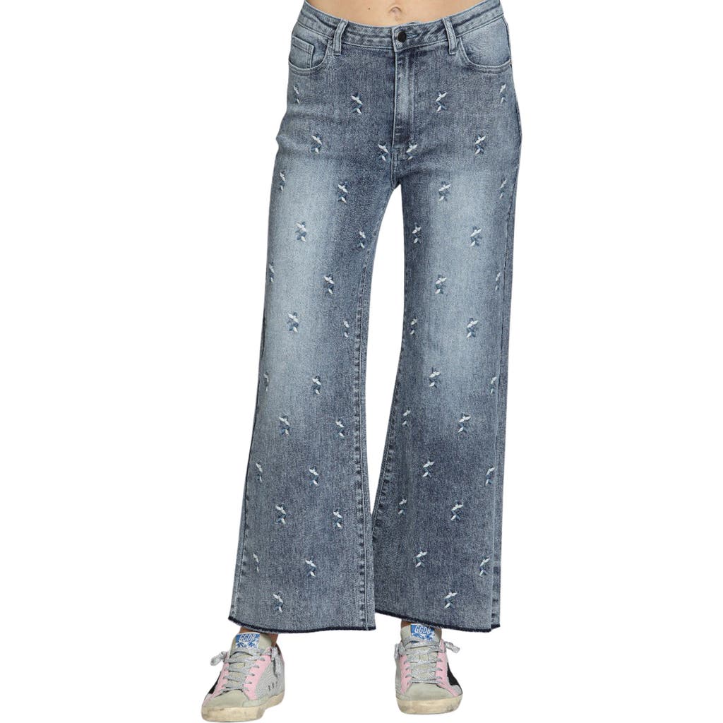 Apny Embroidered Wide Leg Jeans In Medium Indigo