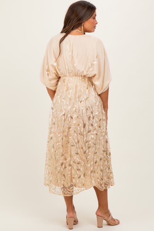 Pinkblush Embroidered Tulle Dolman V-neck Midi Dress In Neutral