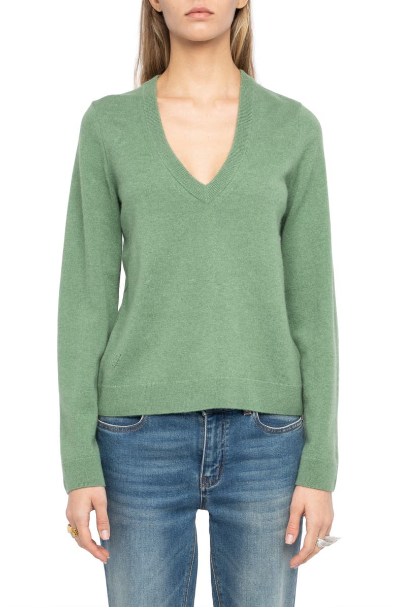 Zadig & Voltaire Vera Wool & Cashmere Sweater with Leather Elbow Patches, Main, color, Verveine