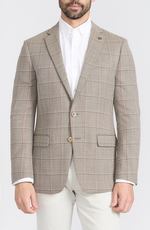 Tan Windowpane Check Wool Blend Blazer