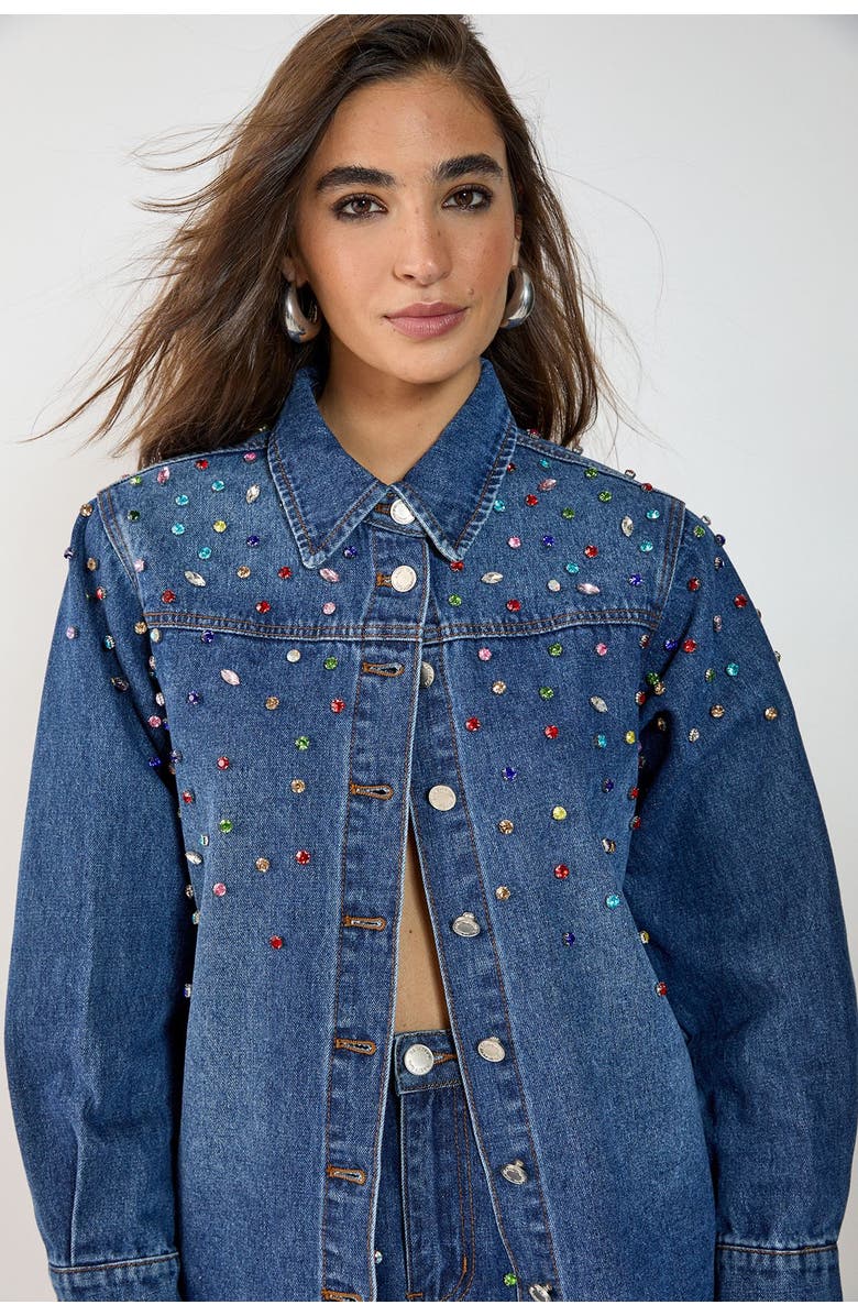 NASTY GAL Denim Embellished Long Sleeve Shirt, Alternate, color, Authentic Midwash