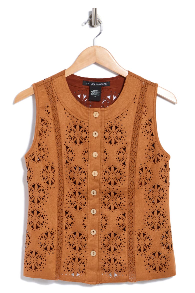 Laser Cut Circle Faux Suede Tank, Alternate, color, CAMEL