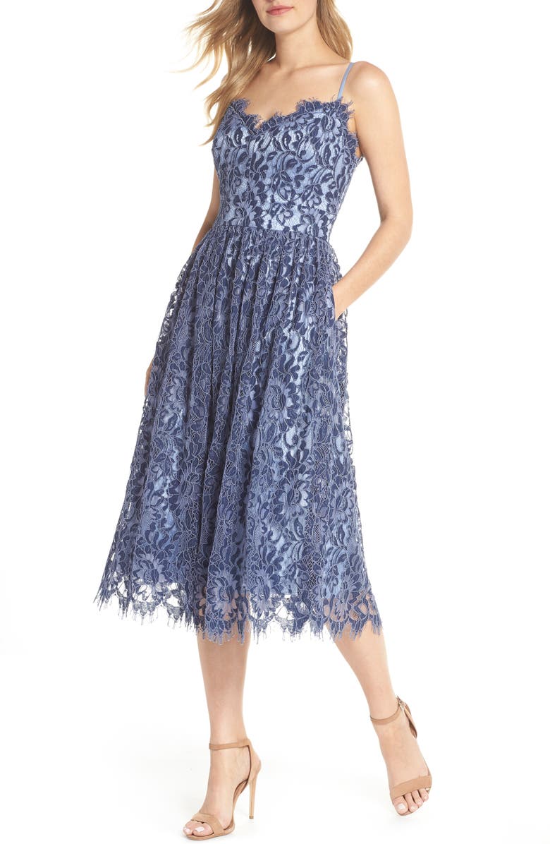 Eliza J Gathered Lace Midi Dress, Main, color,