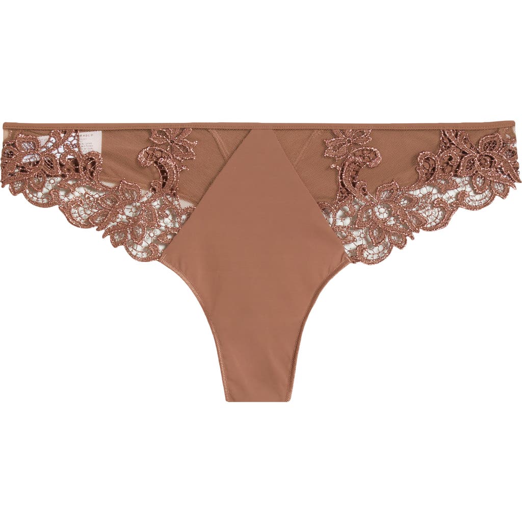Simone Perele Saga Lace Trim Thong In Tender Brown