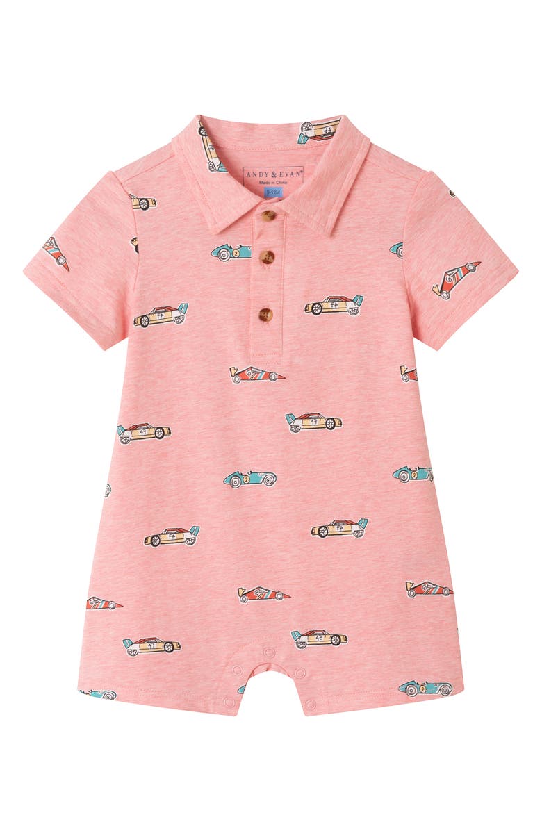 Andy & Evan Print Polo Romper, Main, color, Coral