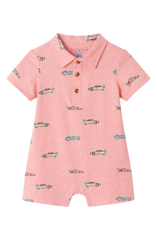 Andy & Evan Race Car Print Polo Romper In Coral