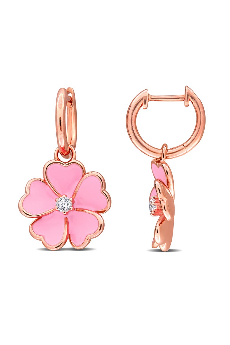 White Topaz & Enamel Floral Drop Huggie Hoop Earrings, Main, color, PINK