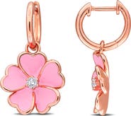 DELMAR White Topaz & Enamel Floral Drop Huggie Hoop Earrings